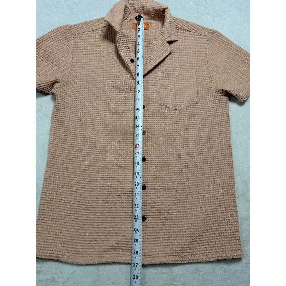 Negative Space Waffle Knit Button Down Camp Shirt Tan Peach Resort Men's Sz Sm